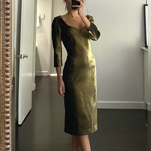 Area Metallic Pyrite Gold Midi Sheath Dress NWT - Picture 2 of 10
